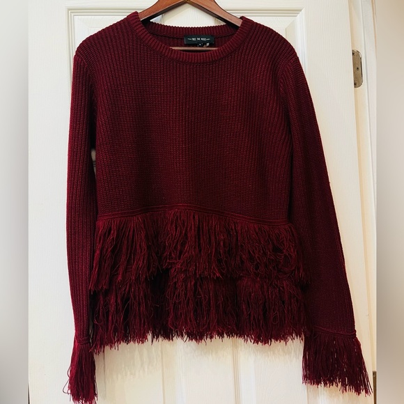 Free the Roses Sweaters - Free the Roses Burgundy Double Fringe Hem Size Small